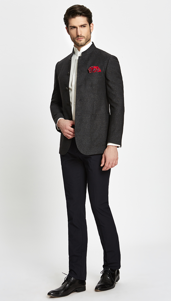 阳光定制6197羊毛3涤纶混纺灰色立领青年装男式商务休闲单西