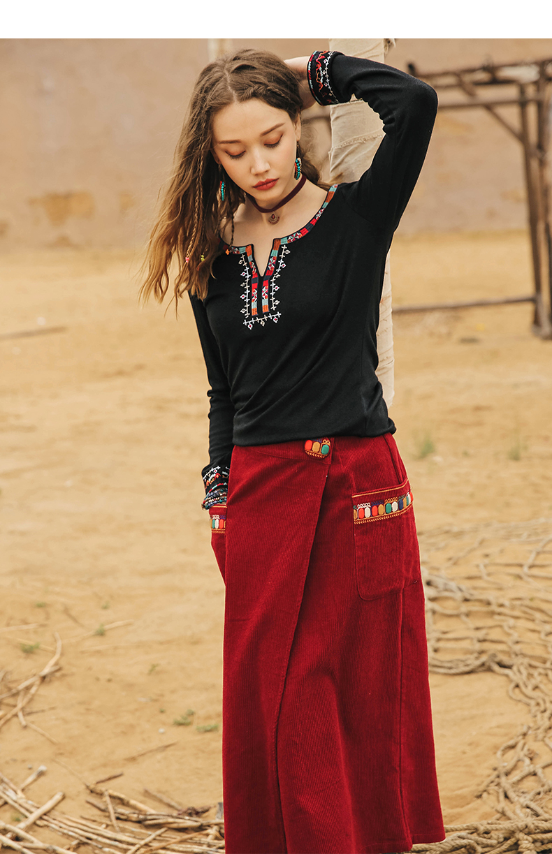 裂帛2019秋季新款刺绣圆领时尚打底短款小衫长袖内搭女士套头t恤