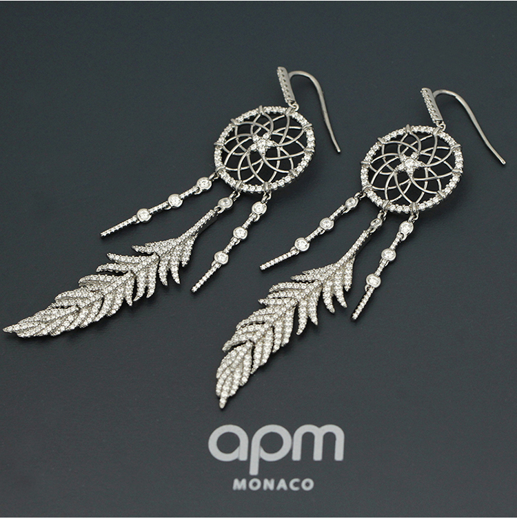 【apm monaco银耳饰】 apm monaco捕梦网羽毛长耳环925银饰时尚穿孔镶