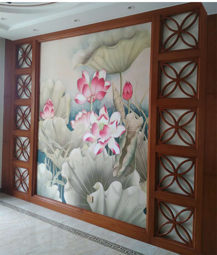 新中式客厅卧室电视背景墙手绘工笔荷花墙纸书房过道玄关壁画壹德壹
