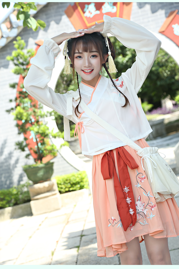 薇姬桑妮改良汉服女小狐狸刺绣花交领长袖无袖连衣裙套装学院风班服