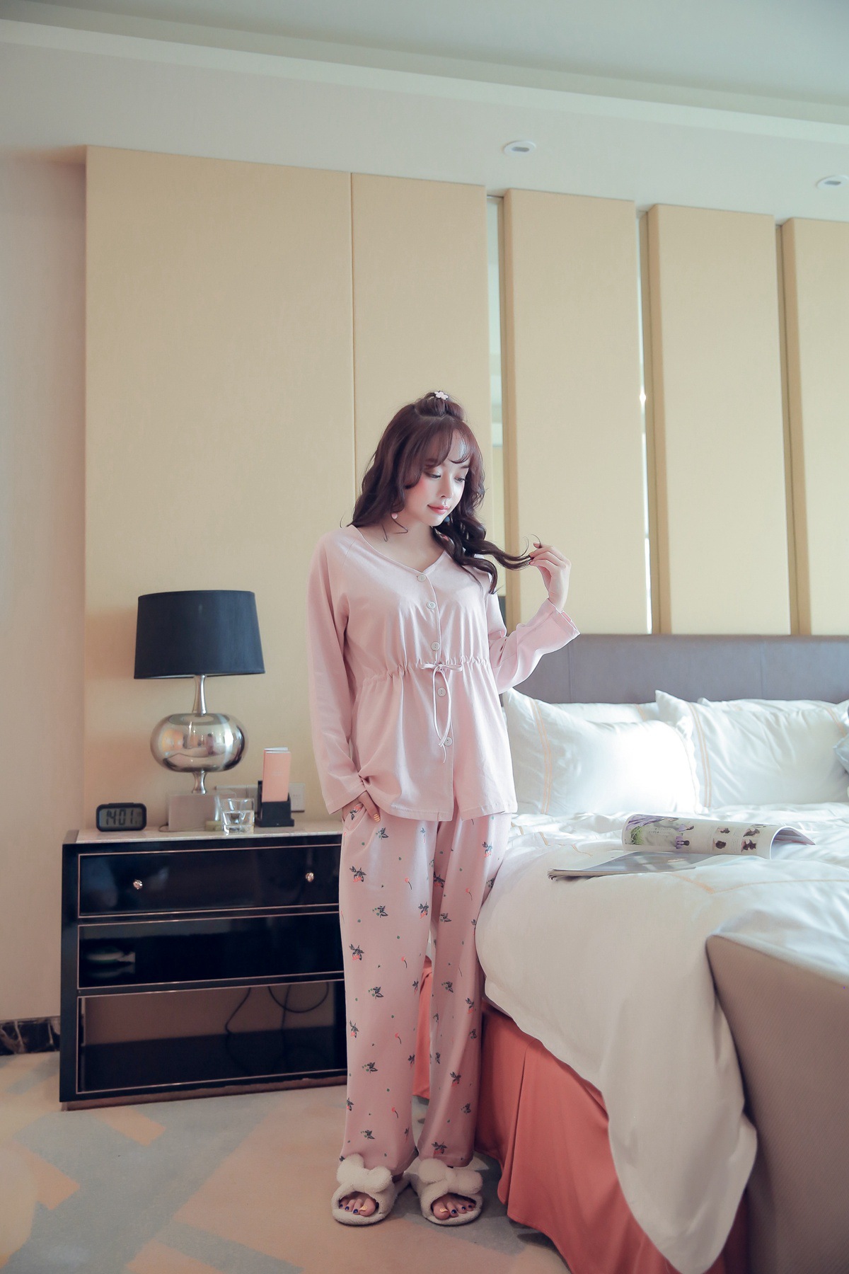 女睡衣纯棉套装长袖休闲可外穿v领束腰开衫印花家居服