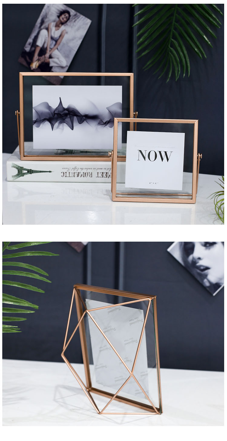 北欧玫瑰金细边金属相框摆台创意几何玻璃桌面画框4寸玫瑰金几何款