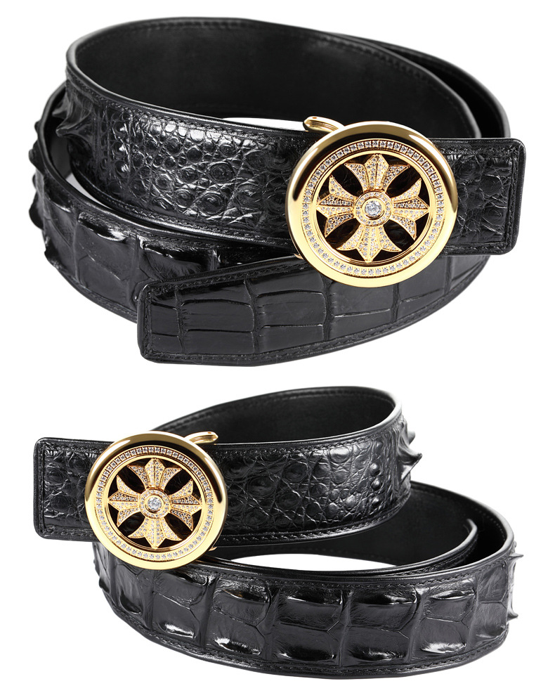 泰国真鳄鱼皮带男商务不锈钢扣头镶钻平滑扣休闲腰带礼物