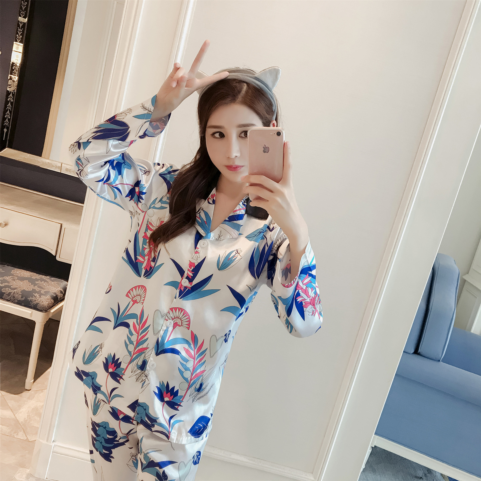 明星刘涛同款安迪睡衣印花仿真丝衬衫家居服女秋季长袖套装