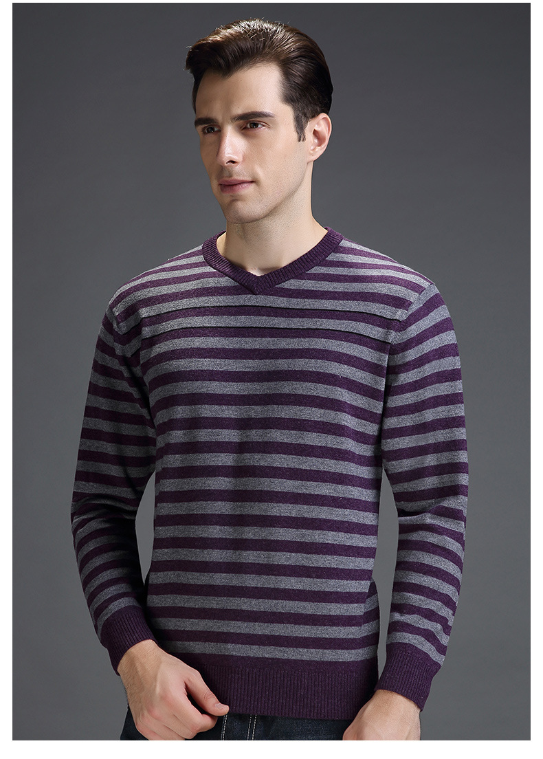 培罗蒙毛衣男秋冬纯羊毛针织衫条纹套头v领中青年羊毛衫打底衫男