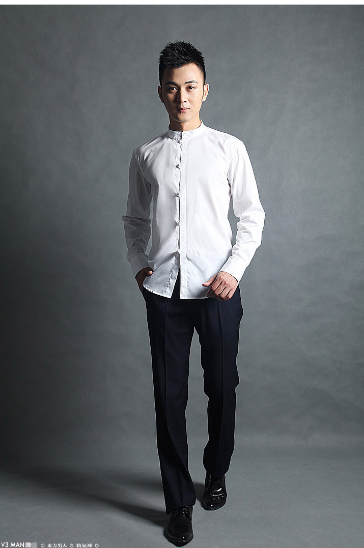 v3man 中式中山装衬衫 中华立领衬衫 男士超修身长袖衬衫 黑白 黑色 l