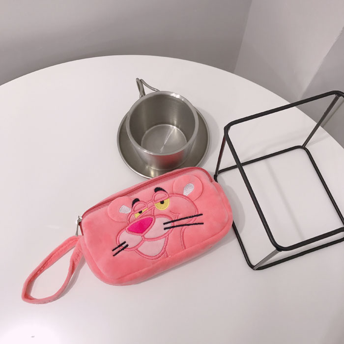 【精选】韩风ins可爱少女粉红顽皮豹双层毛绒化妆包笔袋便携收纳包