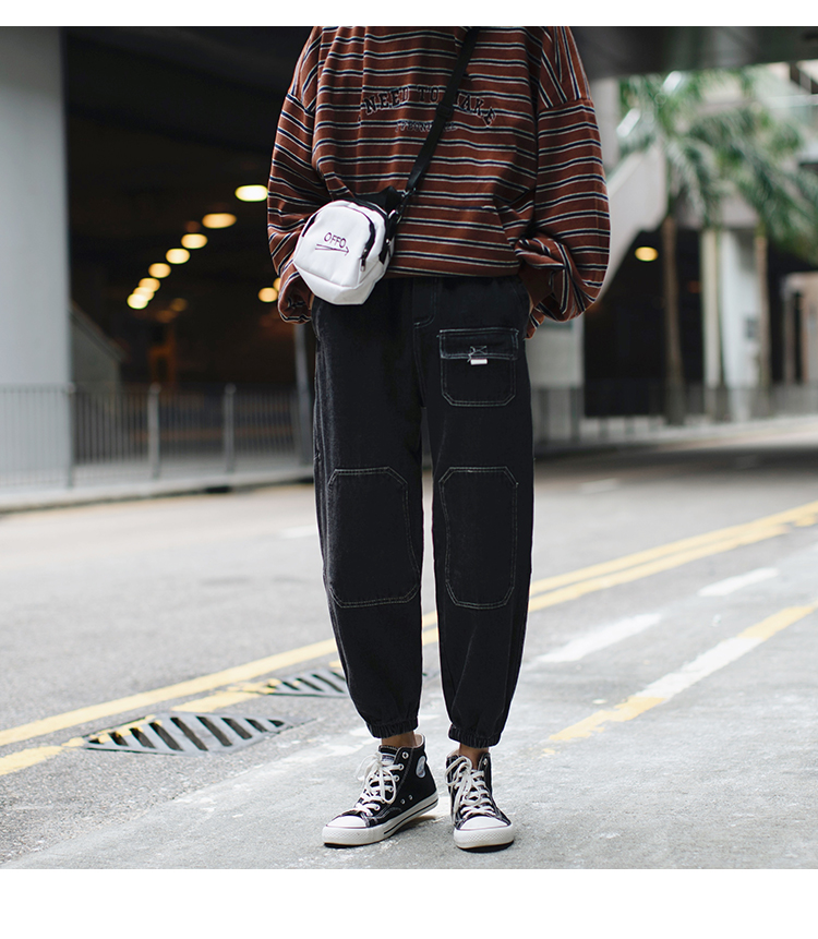 19春上新 日系潮流小口袋宽松哈伦牛仔裤帅气男生缩口九分牛仔裤 颜旭