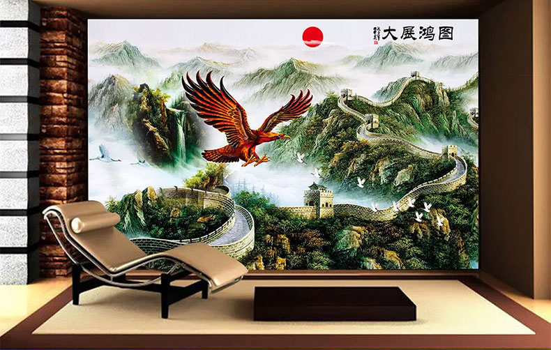 3d立体电视背景墙壁纸客厅中式大展宏图长城山水风景壁画沙发墙纸