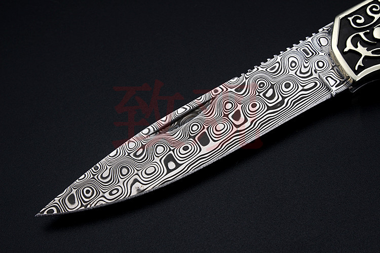 致观进口瑞粉大马士革鹿角柄小刀折叠刀户外刀具随身防身求生军刀野外