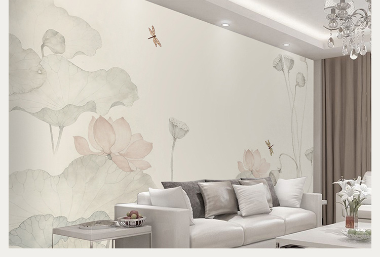 淡雅禅意书房壁画荷花意境电视背景墙壁纸工笔画定制墙纸客厅墙布
