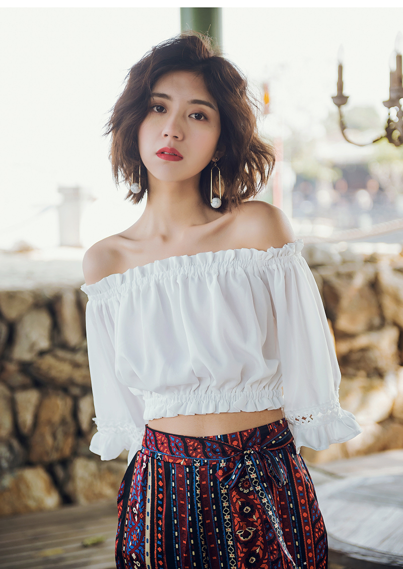 薇姬桑妮潘多拉 2018夏季新款短款露脐装百搭七分袖t恤一字领镂空露背