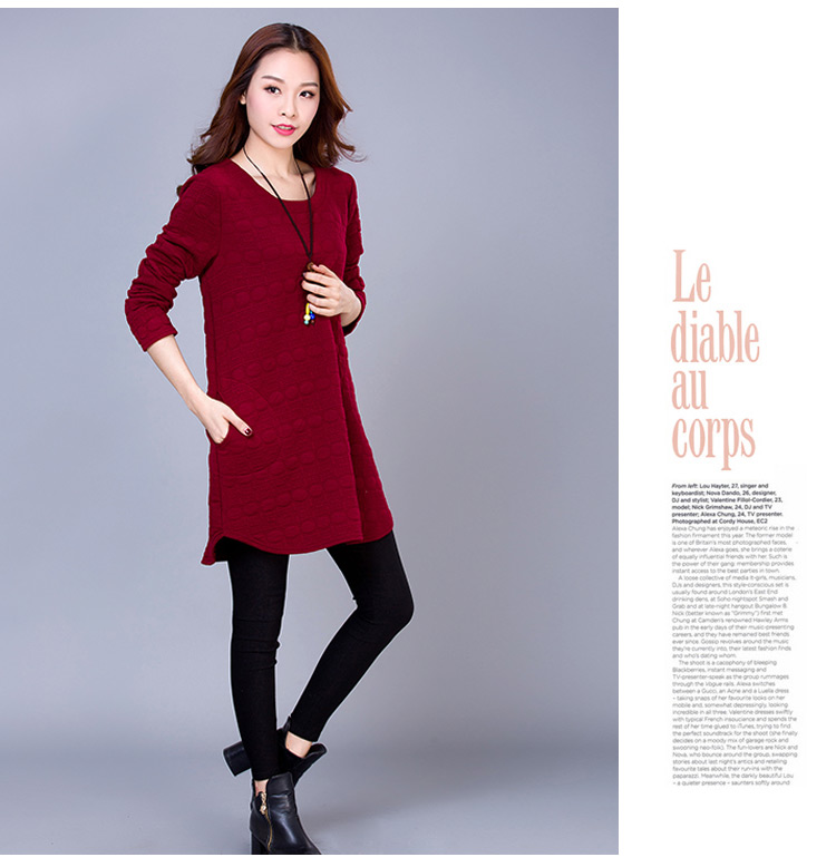 飘香2016秋季新款时尚女装长袖宽松显瘦圆领波点中长款针织衫v3414