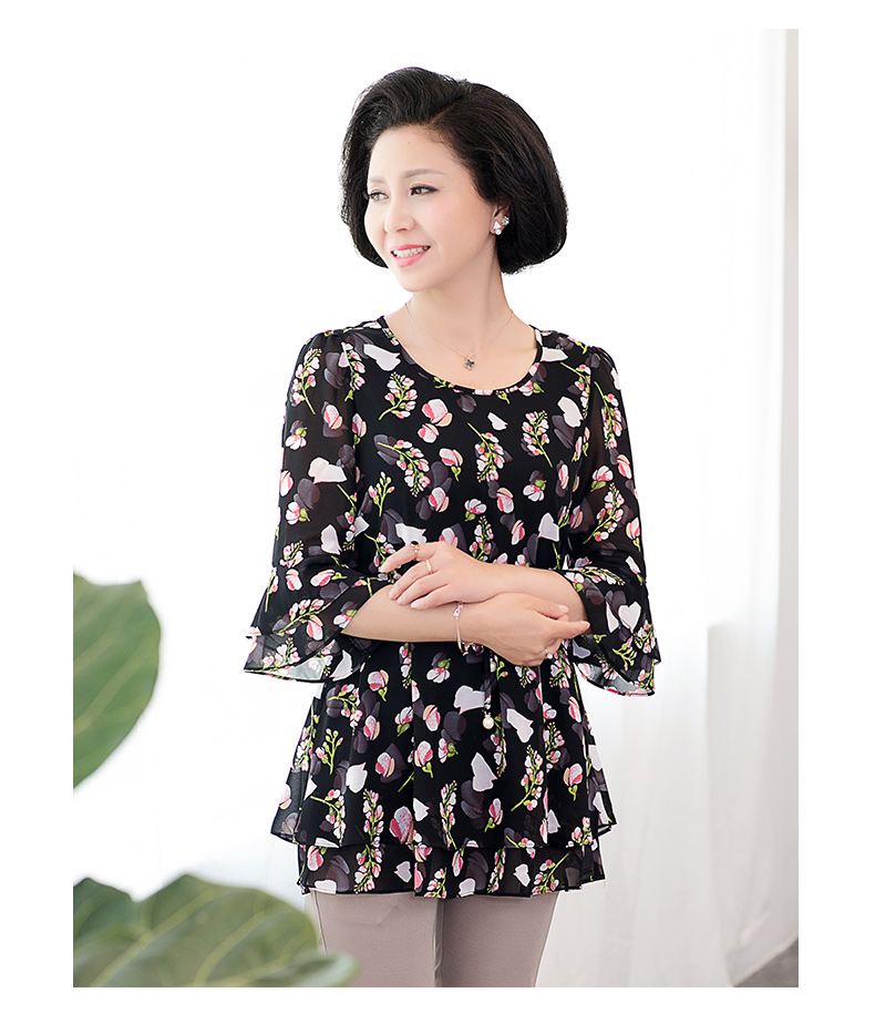 mtiny中老年女装夏装时尚半袖妈妈装雪纺衫宽松中年妇女t恤上衣4050岁