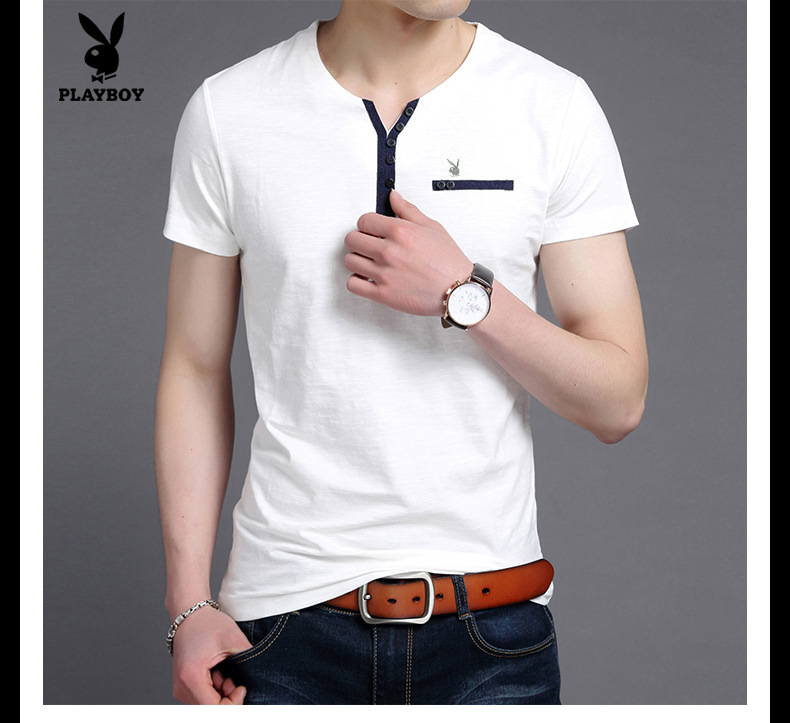 花花公子男士短袖t恤时尚休闲潮流春夏季修身新款v领纯色打底上衣