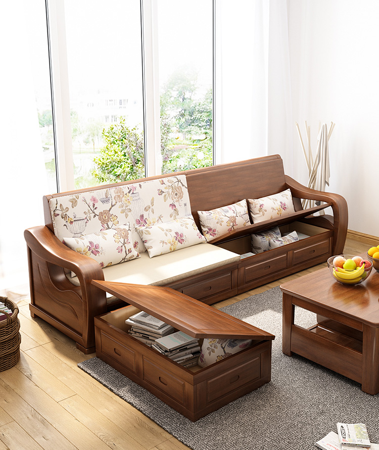 超级新品 实木沙发组合 现代中式三人四人位直排客厅储物冬夏两用橡木