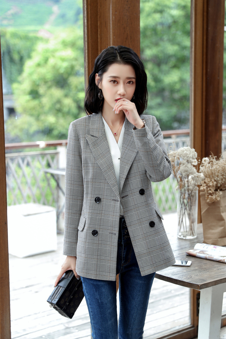 2018秋冬款宽松职业装小西装女通勤ol中长款千鸟格长袖西服外套