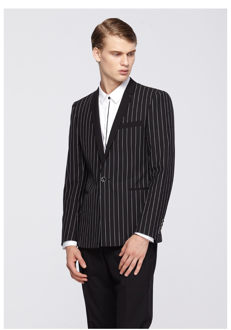 dx意大利品牌男士羊毛混纺套西上装窄领条纹修身新郎结婚西装黑色50