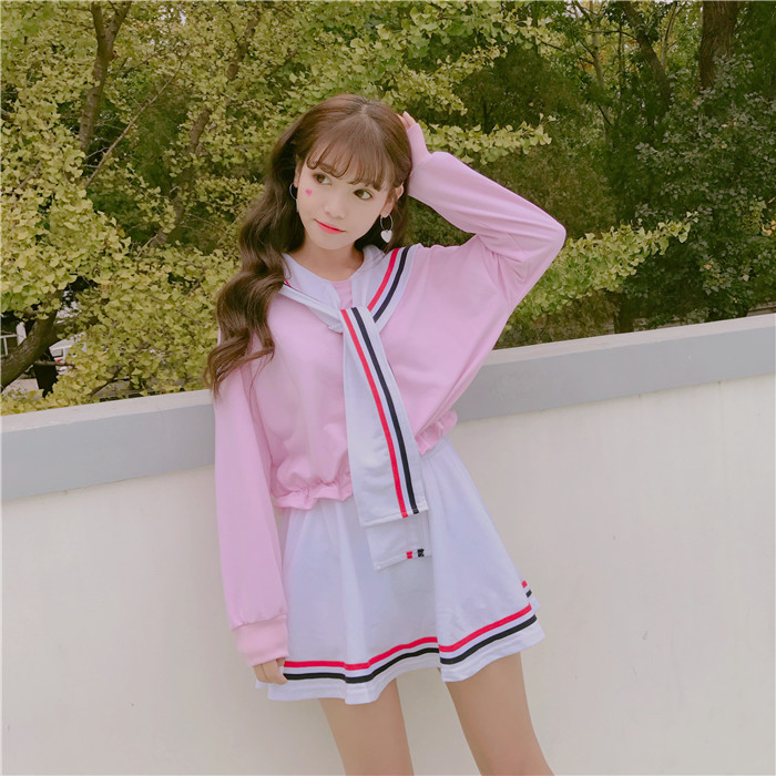 薇姬桑妮秋装女日系软妹绑带海军领水手服上衣 收腰显瘦a字短裙学生