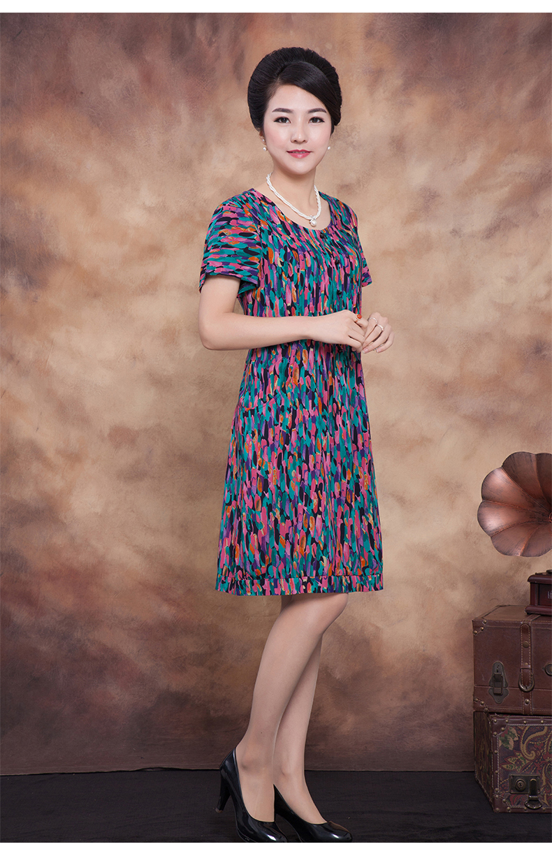 828新款夏季中老年人妇女装棉绸短袖连衣裙妈妈装高档复古印花中长款