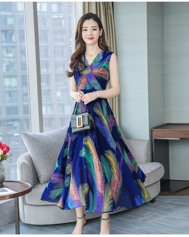 班俏banqiao2019新款无袖雪纺碎花长款法式复古气质大摆连衣裙长裙夏