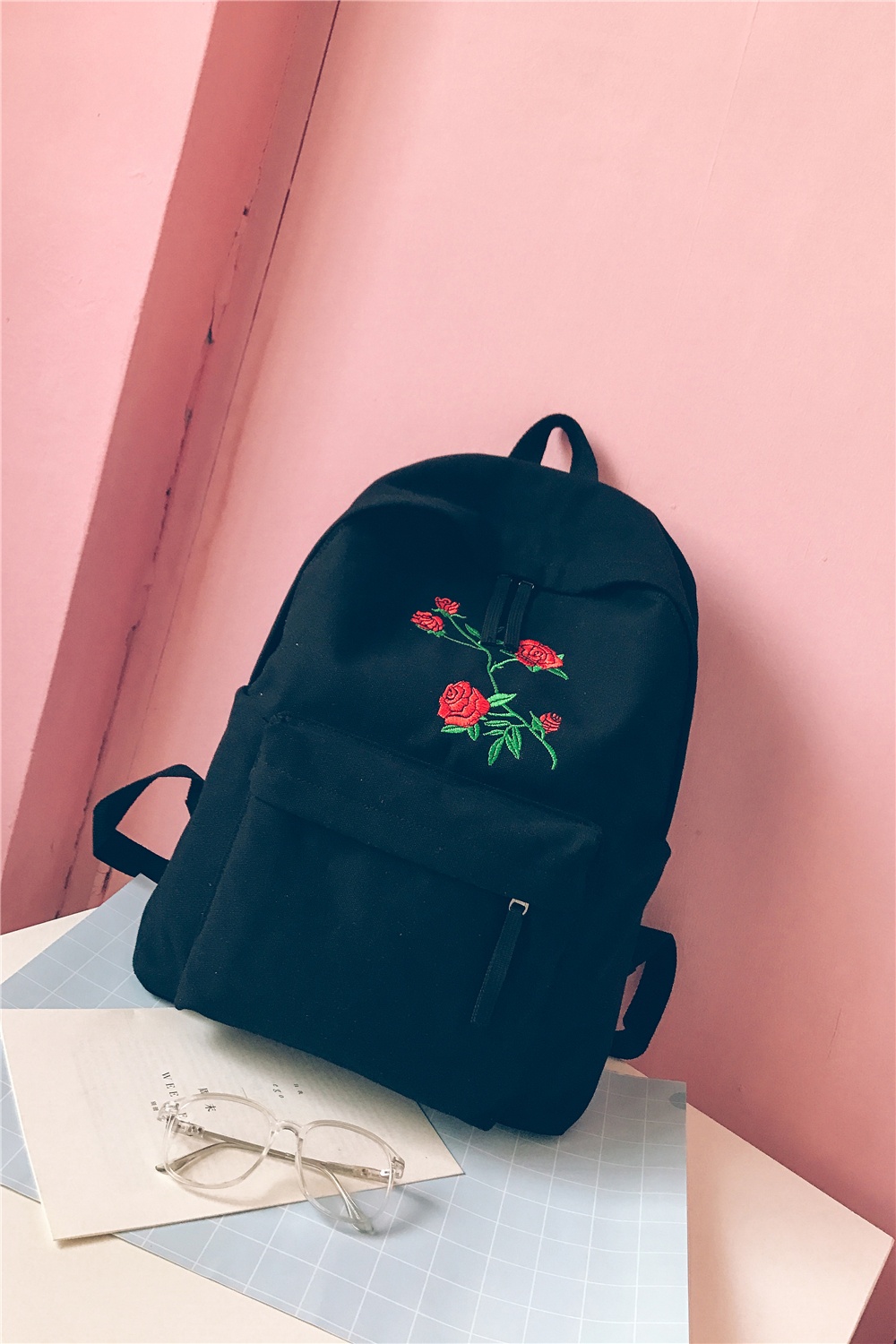 薇姬桑妮刺绣书包女双肩包韩版复古花朵帆布原宿高中学生闺蜜背包