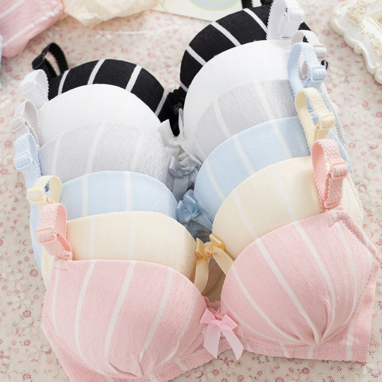 mtiny少女无磁无钢圈内衣条纹棉定型薄款文胸少女中大学生内衣套装