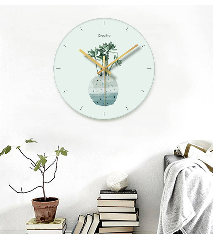 北欧植物系列玻璃挂钟简约现代圆形时钟客厅卧室书房钟表家用静音创意