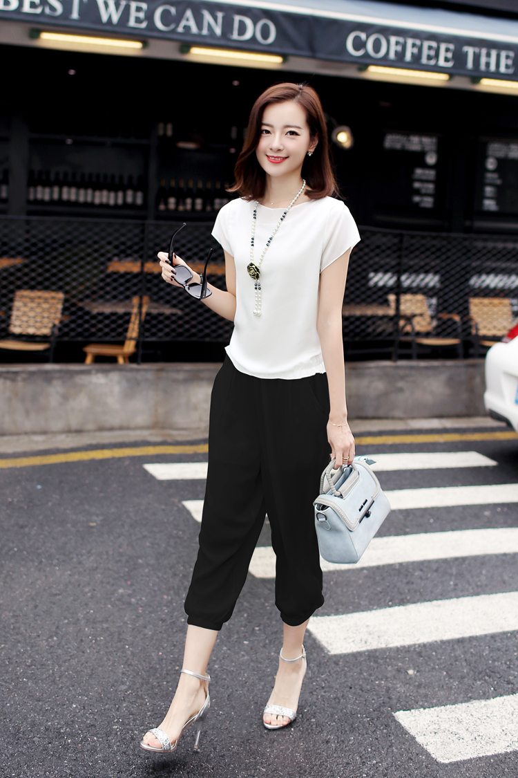 mtiny雪纺套装女夏新款韩版七分裤两件套休闲显瘦女装夏季短袖时尚