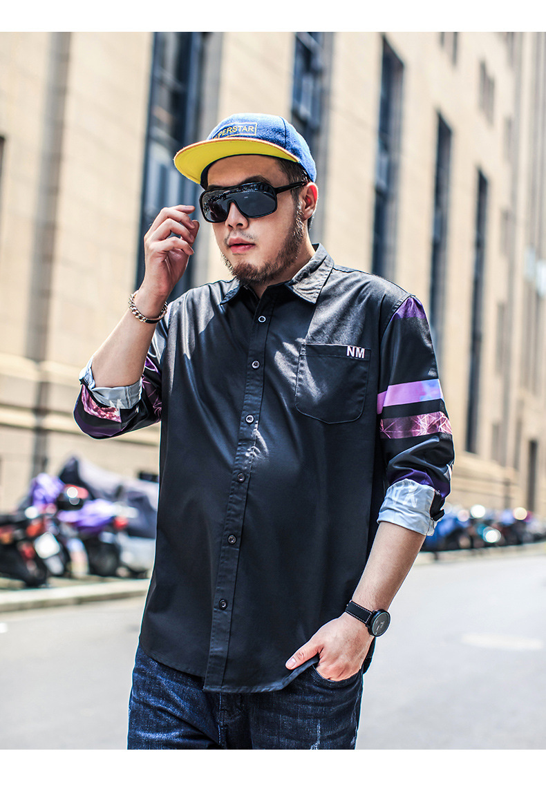 nmax大码男装潮牌春装新纯棉长袖衬衣撞色印花翻领加肥加大衬衫