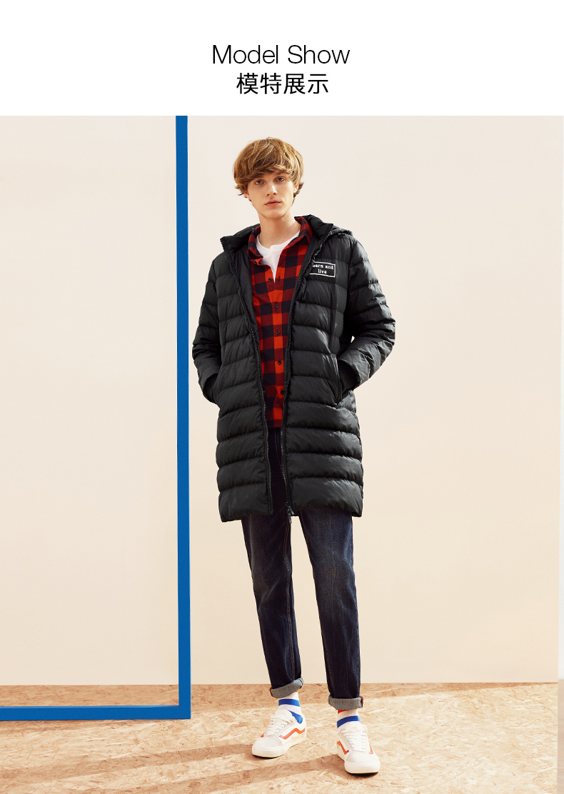 a21以纯线上品牌2017秋冬新品中长款连帽羽绒服男印花青年修身外套