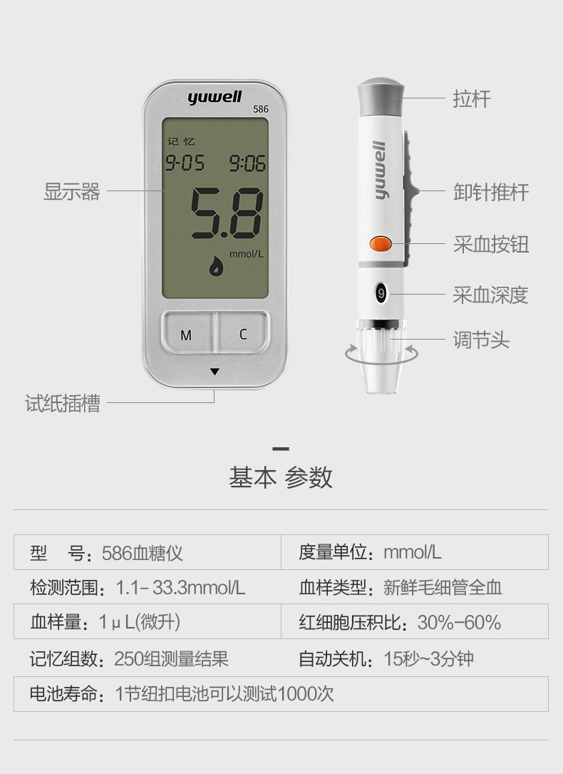 鱼跃yuwell血糖仪586家用全自动智能免调码家用血糖测试仪滴入式赠