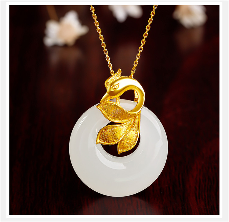 周六福黄金吊坠女天鹅足金吊坠和田玉母亲节挂件aaya043436