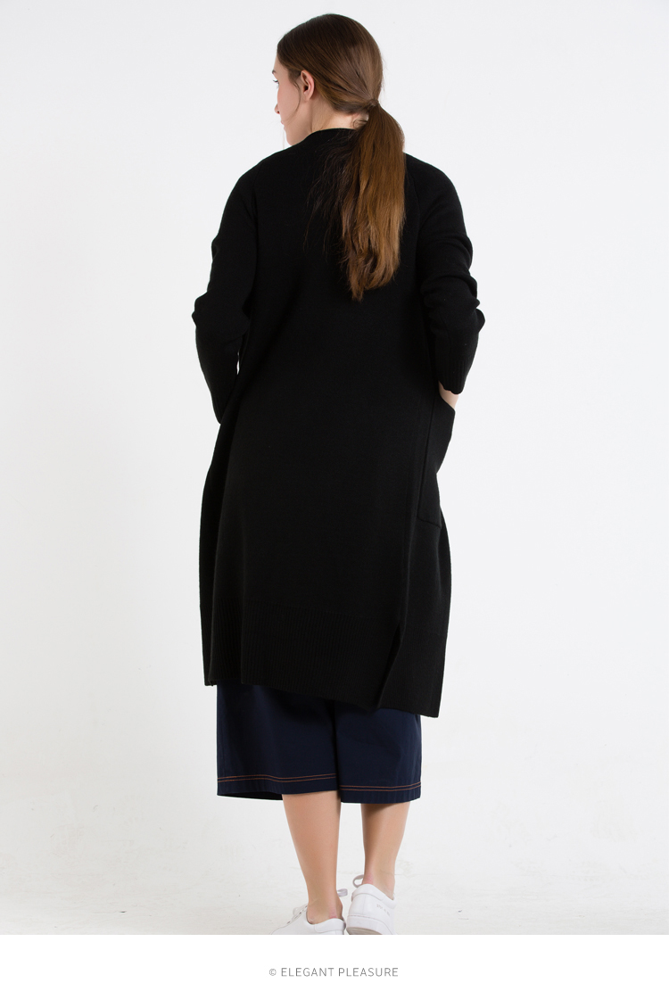 aline阿莱2018春季新款黑色长袖中长款针织开衫直筒宽松外套