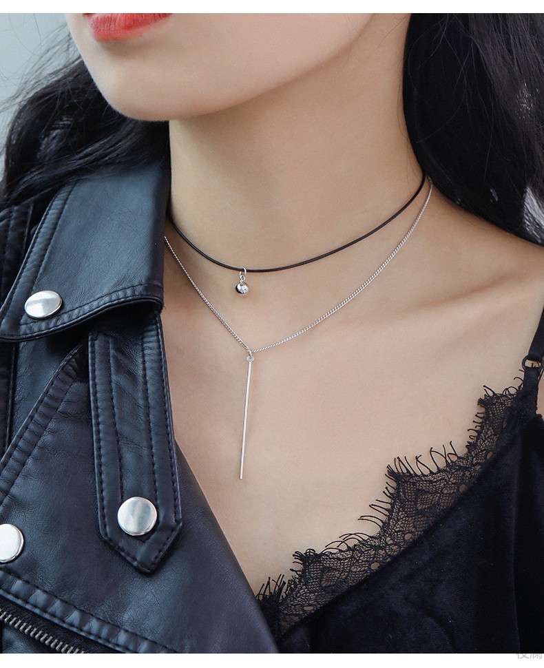 双层项链925银简约女锁骨链颈链项圈脖子饰品脖链颈带脖颈925银双层