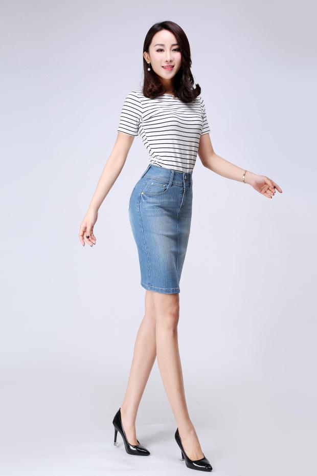 sexemara半身裙 qma新款牛仔裙女半身裙修身一步裙大码弹力包臀中长裙