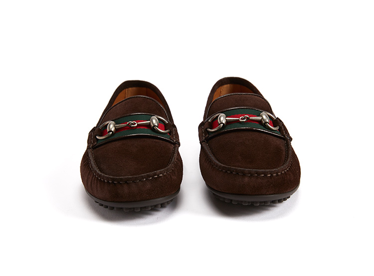 gucci古驰饰条纹织带和马衔扣皮革驾车鞋懒人鞋休闲鞋男450892
