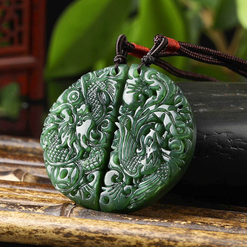 天然和田碧玉圆牌龙凤对牌挂件