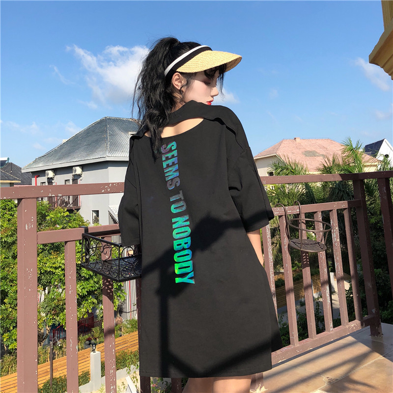 破洞露背中长款原宿风嘻哈短袖t恤上衣学生hiphop女衣服潮