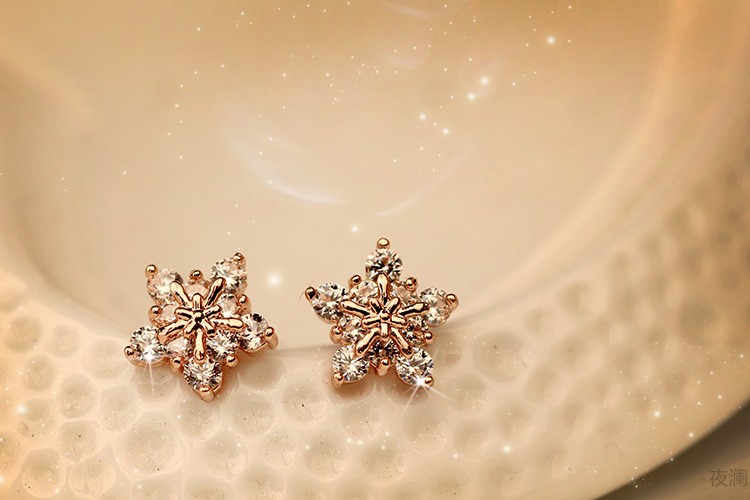925银耳针雪花可爱耳环韩版花朵雪花锆石耳钉时尚耳饰品一对925银针