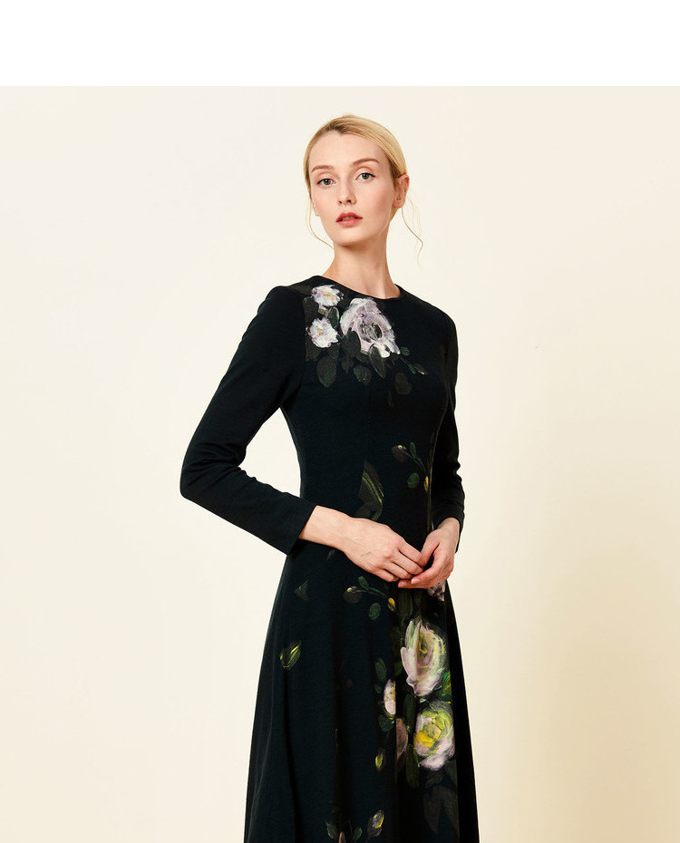 商场同款欧柏兰奴秋季新款羊毛收腰印花中长款连衣裙