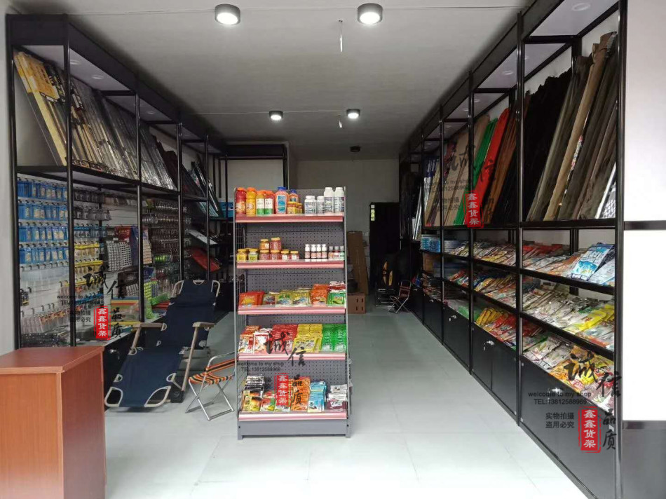 渔具展示柜鱼漂展柜鱼线挂件柜鱼食鱼饵摆放柜鱼竿货架钓箱展示柜