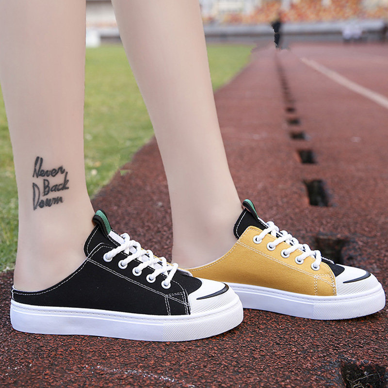 品牌平底半拖鞋女春夏无后跟一脚蹬包头休闲外穿2019新款懒人帆布鞋子