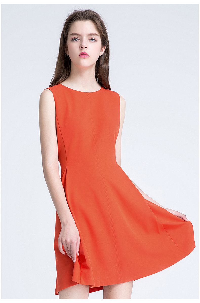 lagogo2017春装新款时尚纯色圆领收腰显瘦a字连衣裙无袖女裙子