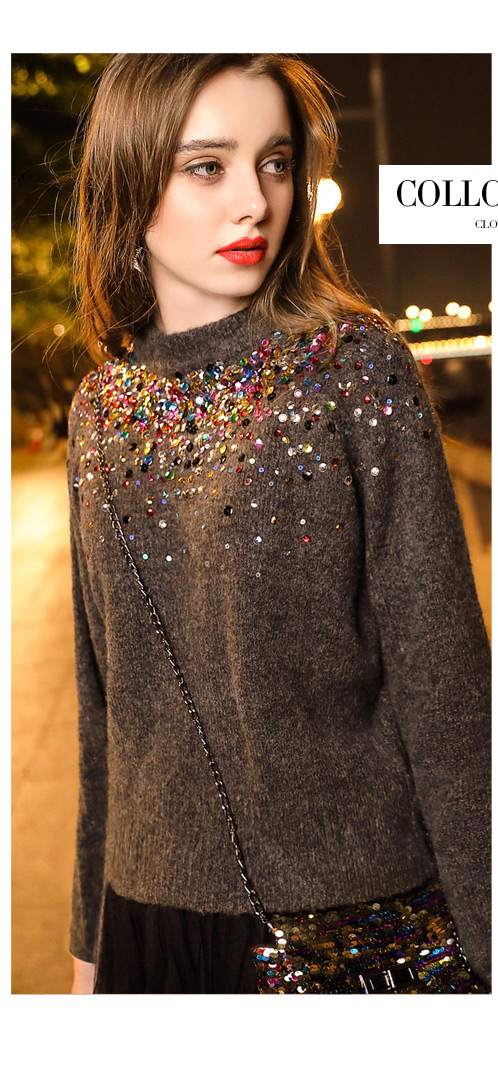 zk加厚毛衣女亮片丝钉珠bling修身显瘦新款冬chic百搭打底针织衫