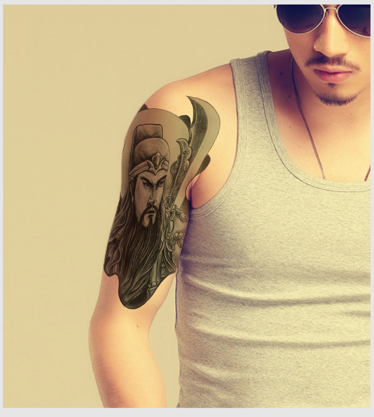 静闲居纹身贴纸防水男黑色关公纹身贴拿刀关羽纹身贴个性逼真大图花臂