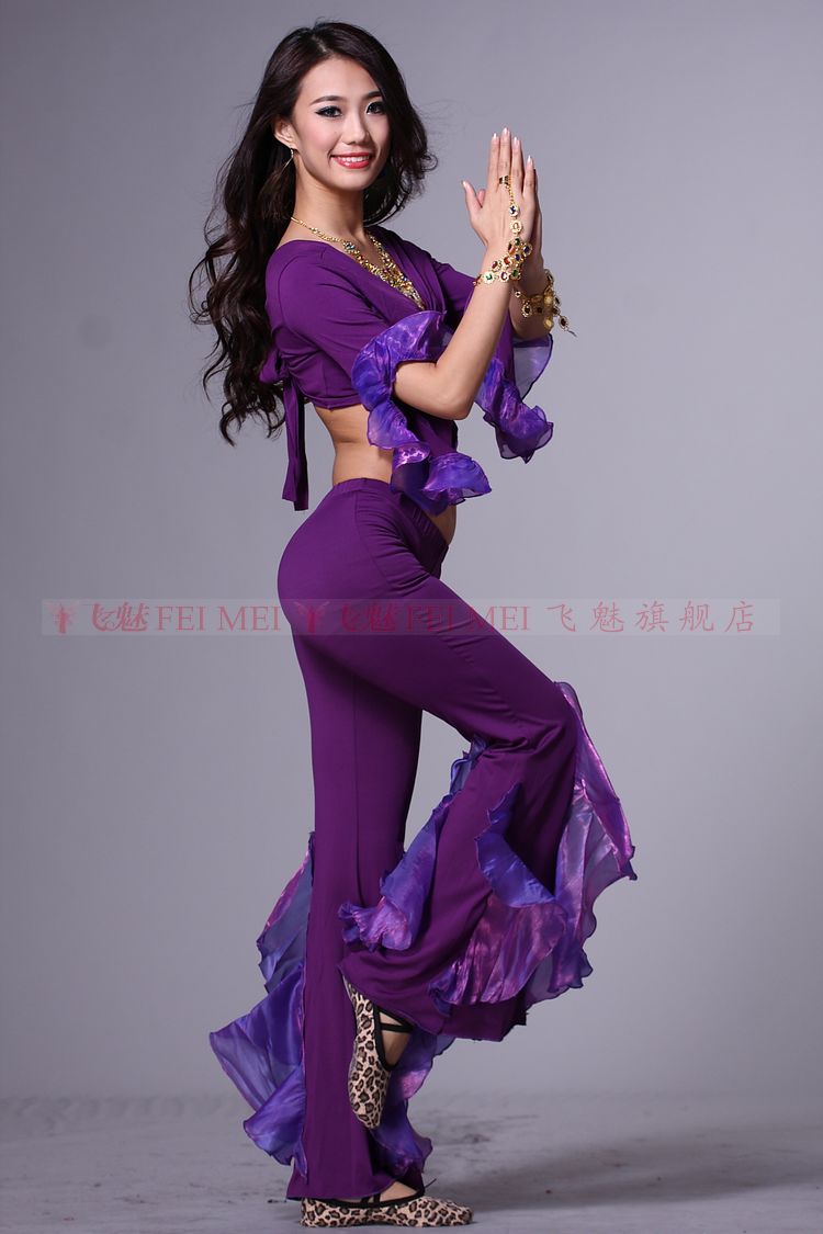 飞魅.肚皮舞蹈美人鱼套装(亮炫卷叶袖后绑带上衣 亮布卷叶裤)