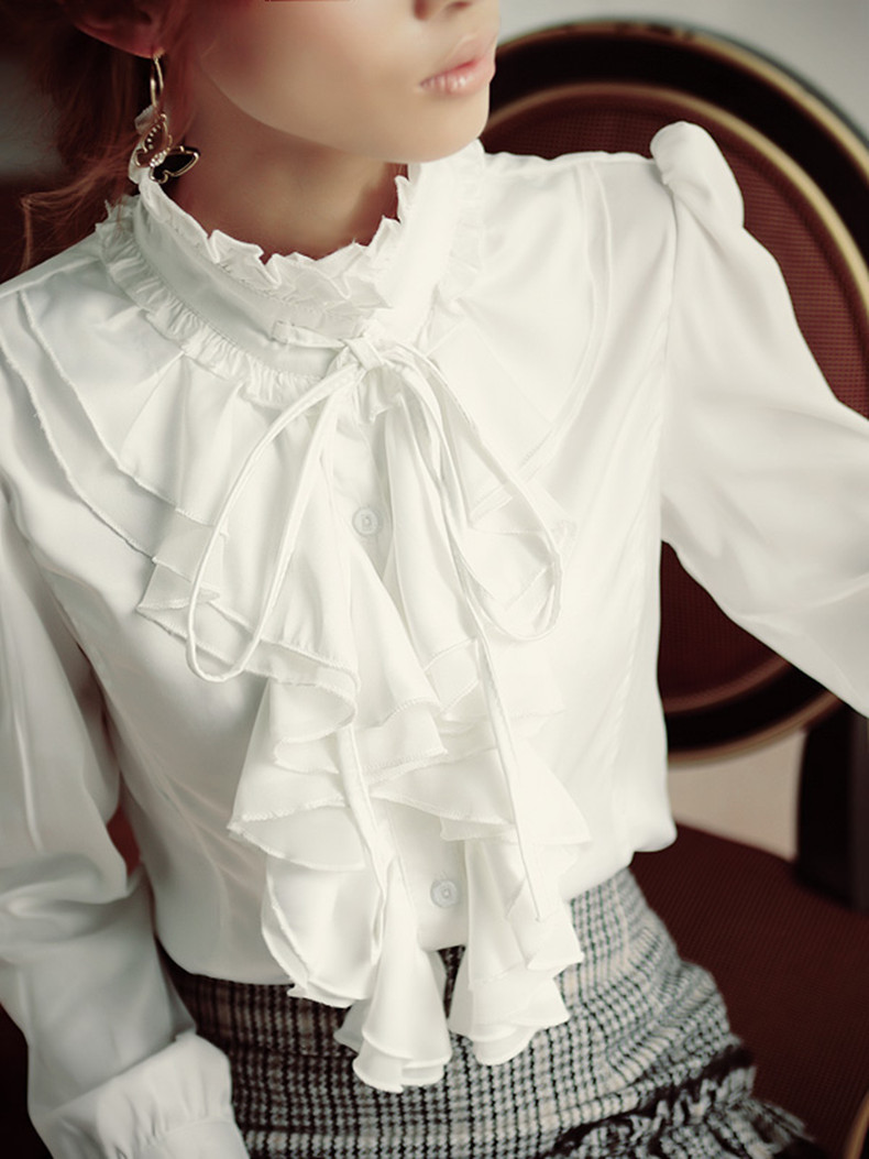 la maxpa女士衬衫 新款式韩版立领荷叶花边白色衬衫女长袖 职业装修身
