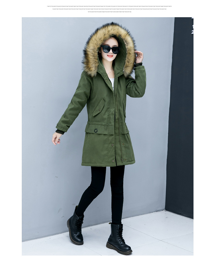 hoscene军大衣女冬季新品棉衣修身迷彩色真毛领加绒加厚中长女款